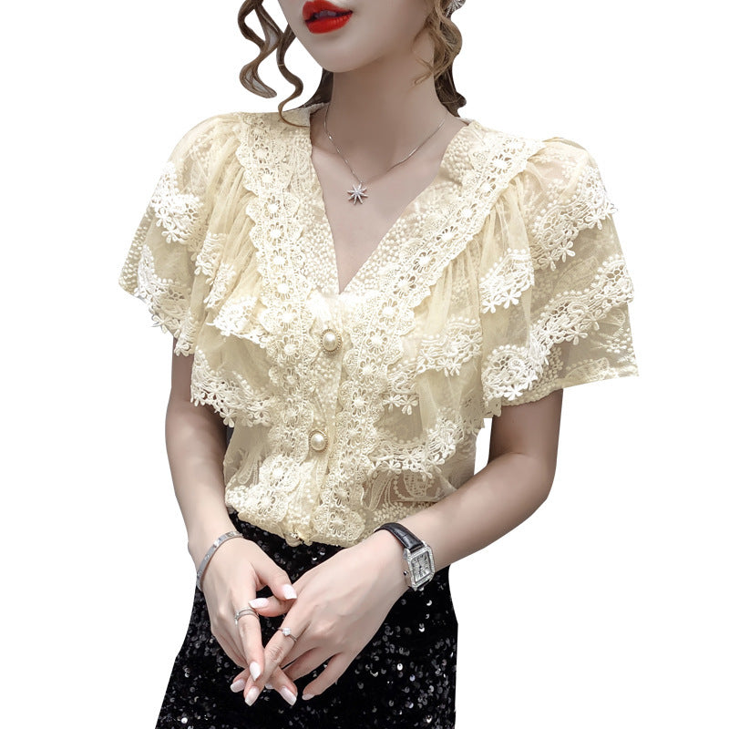 Fresh on the Scene at Buy Center: French Style Elegant V-neck Single-breasted Lace Shirt Western Style