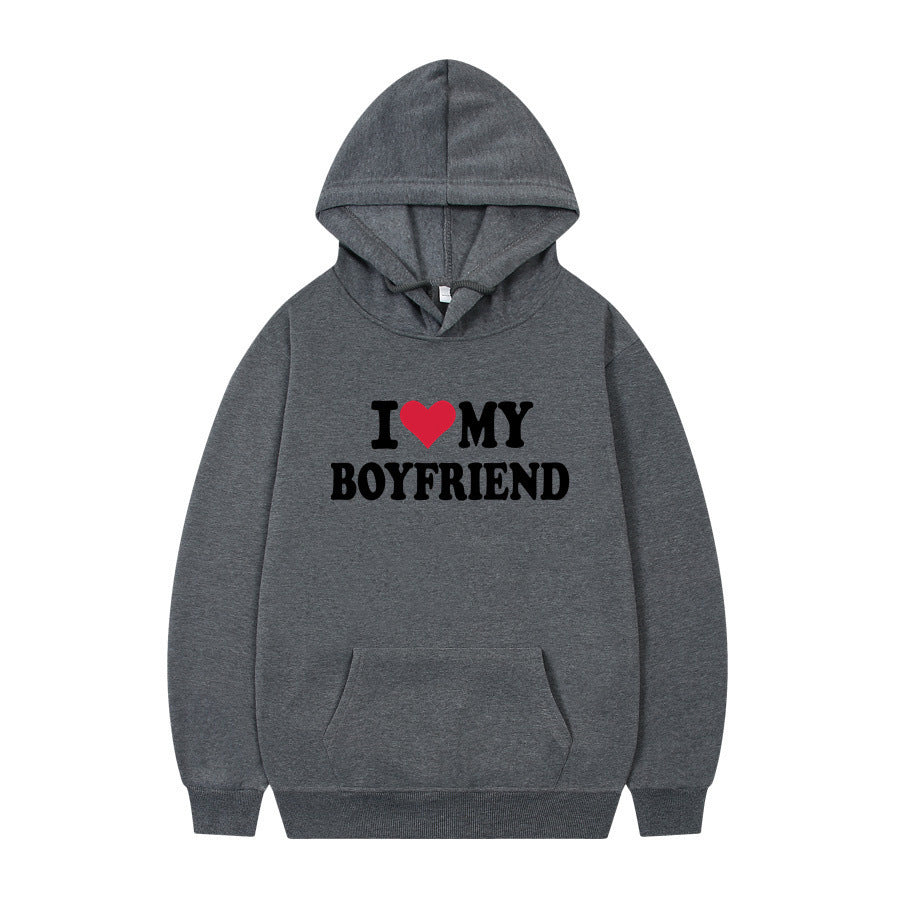 New at Buy Center: I Love My Boyfriend Print Hoodie Sweatshirt Pullover Dark Gray 1