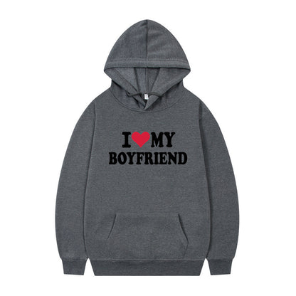 New at Buy Center: I Love My Boyfriend Print Hoodie Sweatshirt Pullover Dark Gray 1