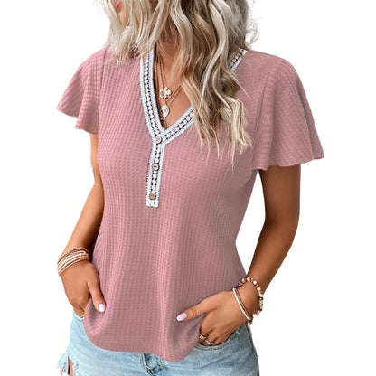 Trending Now at Buy Center: Waffle V-neck Short-sleeved T-shirt Dark Pink