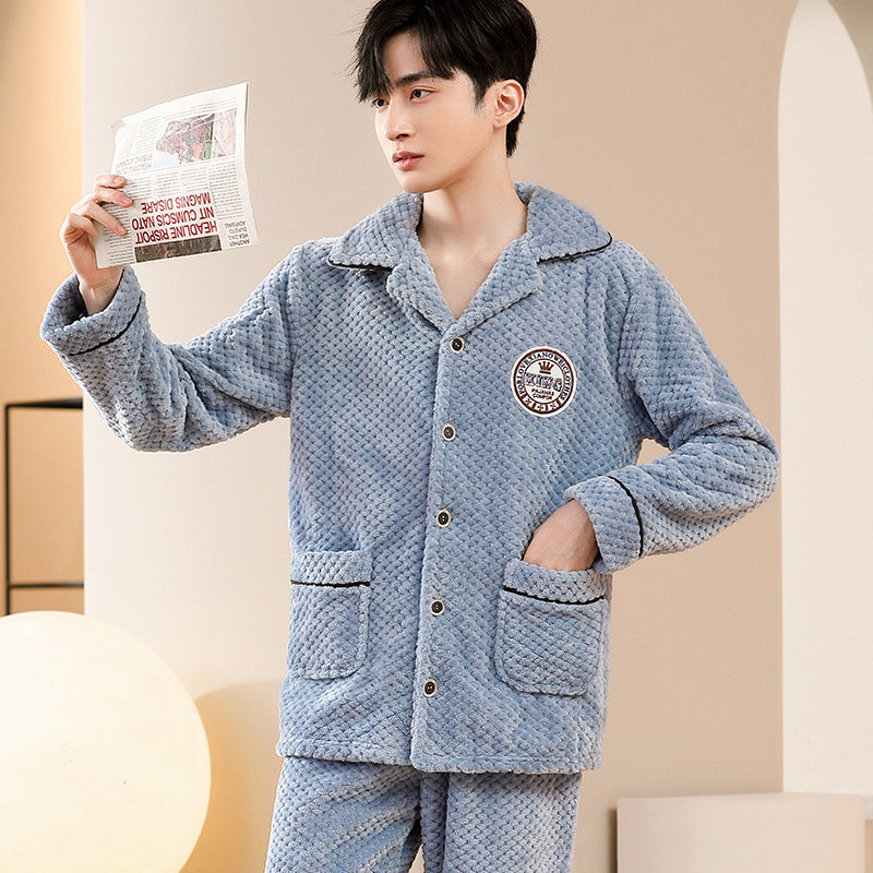 Autumn And Winter Flannel Men's Pajamas Men's Lapel Cardigan Buy Center