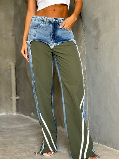 Hot New Items at Buy Center: Low Waist Contrast Color Black Panel Wide-leg Jeans Green GB1854