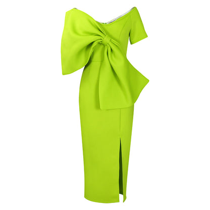 Buy Center Exclusive Offer-European And American Sexy Big Bow Split Sheath Dress Fruit Green