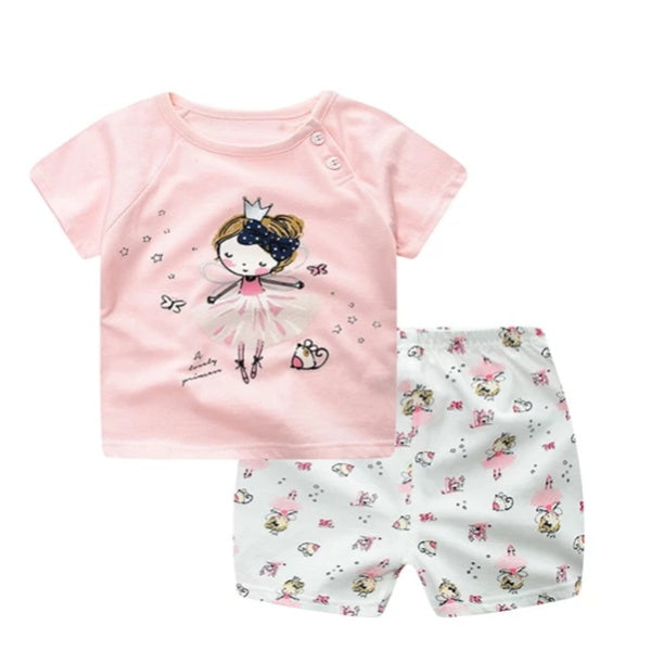 Cartoon Clothing Baby Boy Summer Clothes T-shirt Baby Girl Casual Clothing Sets Pink