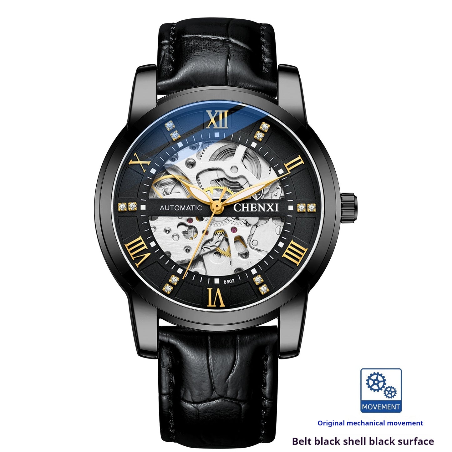 Buy Center Handpicked- Hollow Automatic Mechanical Watch Belt Waterproof Belt Black Shell Black Surface