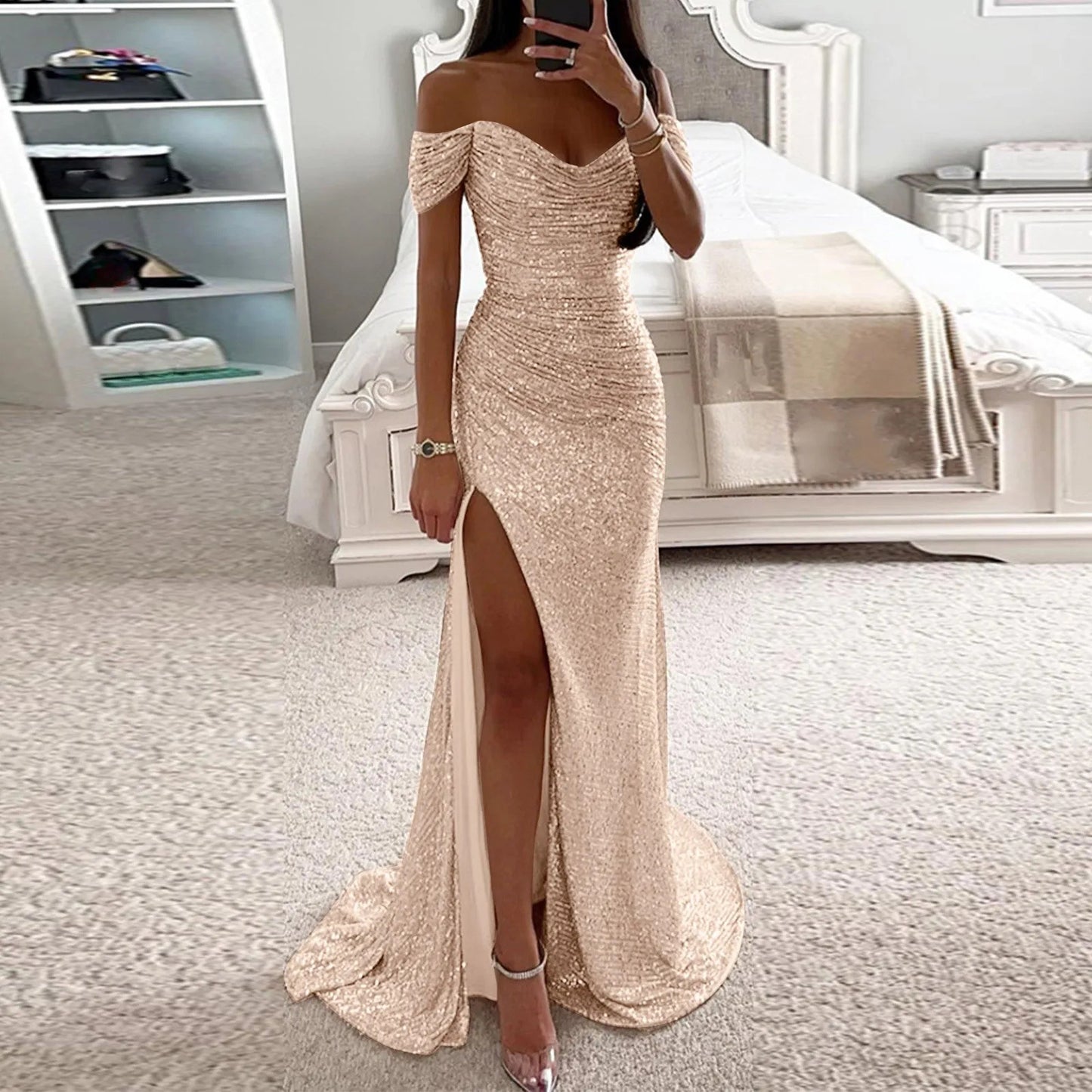 Female Creative Solid Color Sparkling Slit Dress Buy Center