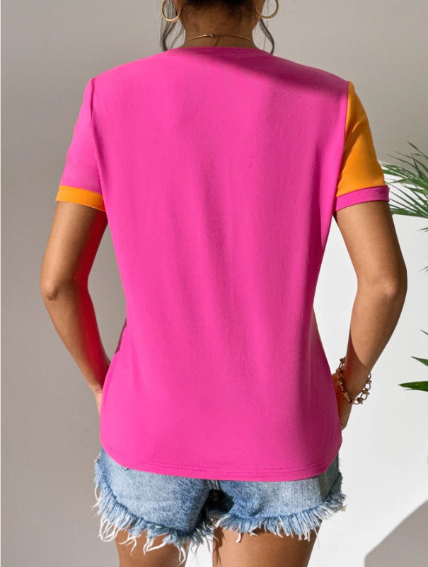 Just Arrived at Buy Center: Women's Color Matching Simple Casual All-match Round Neck Short Sleeve