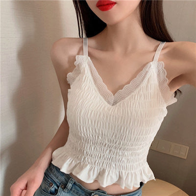 Hot New Items at Buy Center: Internet Hot New French Pleated Lace Small Sling Vest White Average Size