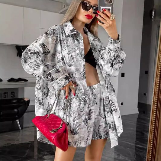 Buy Center Exclusive Offer-Fashion Loose Ink Printing Shirt Shorts Suit Women