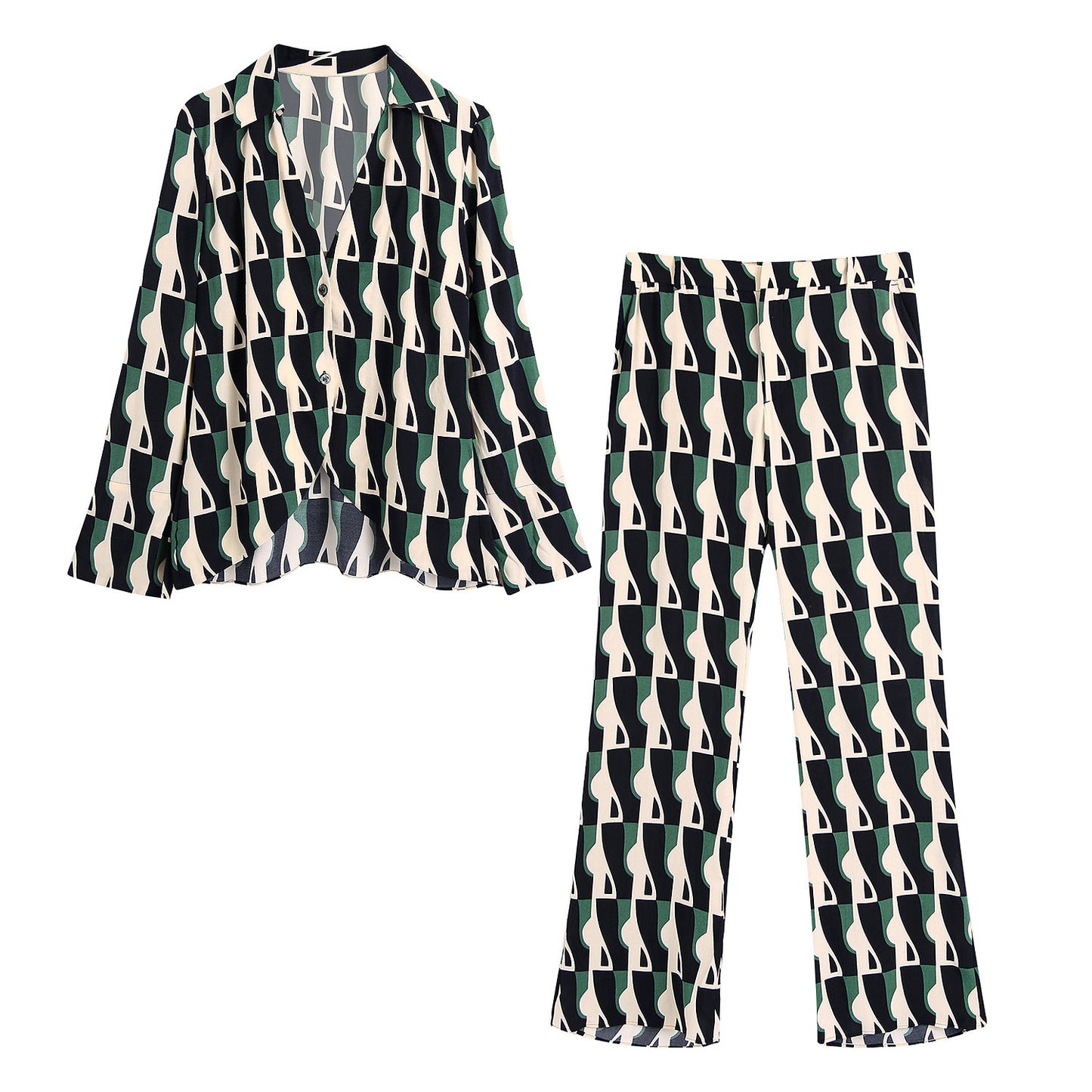 Loose Blouse Geometric Print Flared Pants Suit Buy Center