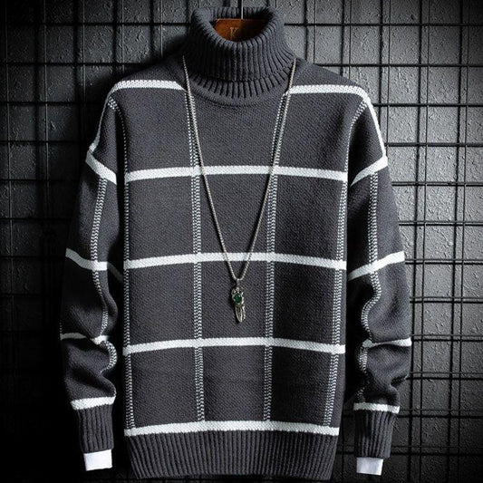 Korean Winter New Boys Sweater Fashion High Neck Bottoming Shirt Loose Casual Plaid Warm Sweater | Men's Clothing-Underwear & Loungewear-Me | Buy Center