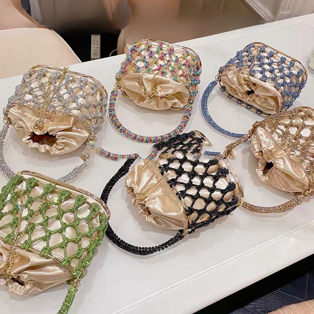 Panier portable en métal tissé à la main de haute qualité avec bande de strass brillants pour cage à oiseaux