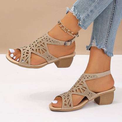 Fresh on the Scene at Buy Center: Summer Female Chunky Heel Rhinestone Hollow Out Peep-toe High-heeled Sandals