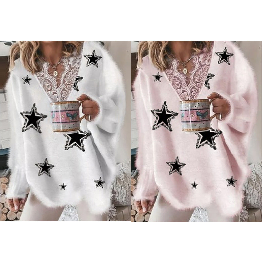 Women's Fashion V-neck Lace Pentagram Printed Knitted Jacket Buy Center