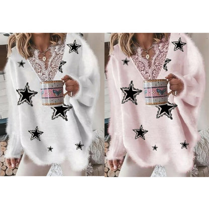 Women's Fashion V-neck Lace Pentagram Printed Knitted Jacket Buy Center