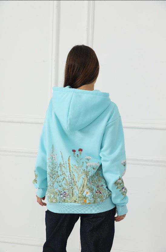 Buy Center Hot Pick-Women's Solid Color Floral Long Sleeved Sweatshirt Blue