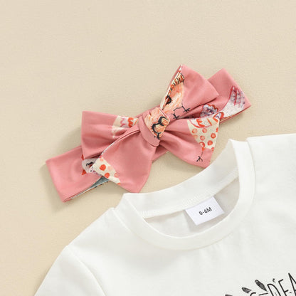 Just Arrived at Buy Center: European And American Spring And Summer Girls' Bow Hair Accessories Short Sleeve Striped Color Matching Bell-bottom Pants 2-piece Set