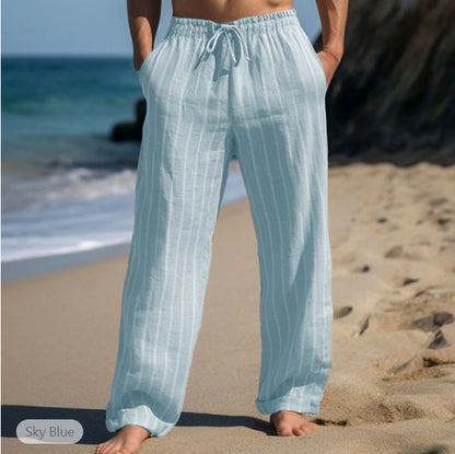 Just Arrived at Buy Center: Men's Linen Drawstring Elastic Waist Straight Striped Comfortable Breathable Casual Pants