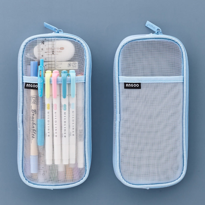 Trending Now at Buy Center: Mesh Pen Case Transparent Solid Color Stationery Storage Bag Blue and white