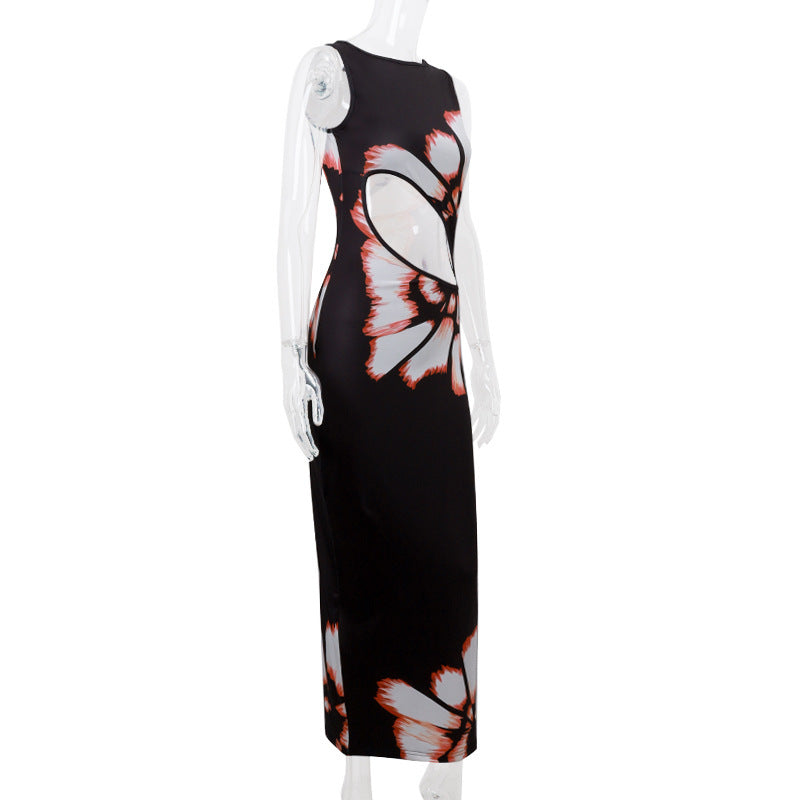 Just Arrived at Buy Center: Retro Printed Sleeveless Hollow Sexy Slim Fit Color-matching Dress