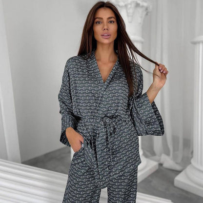 Newly Arrived at Buy Center: Printed Loose Cardigan Nightgown Trousers Suit Gray