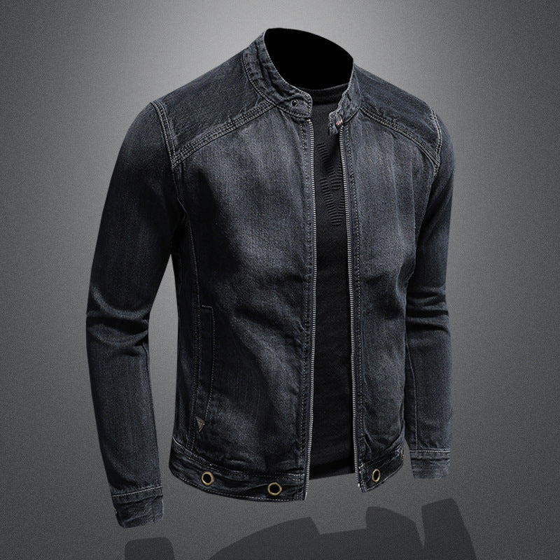 Men's Stand-up Collar Dark Blue Motorcycle Vintage Zipper Denim Coat Buy Center