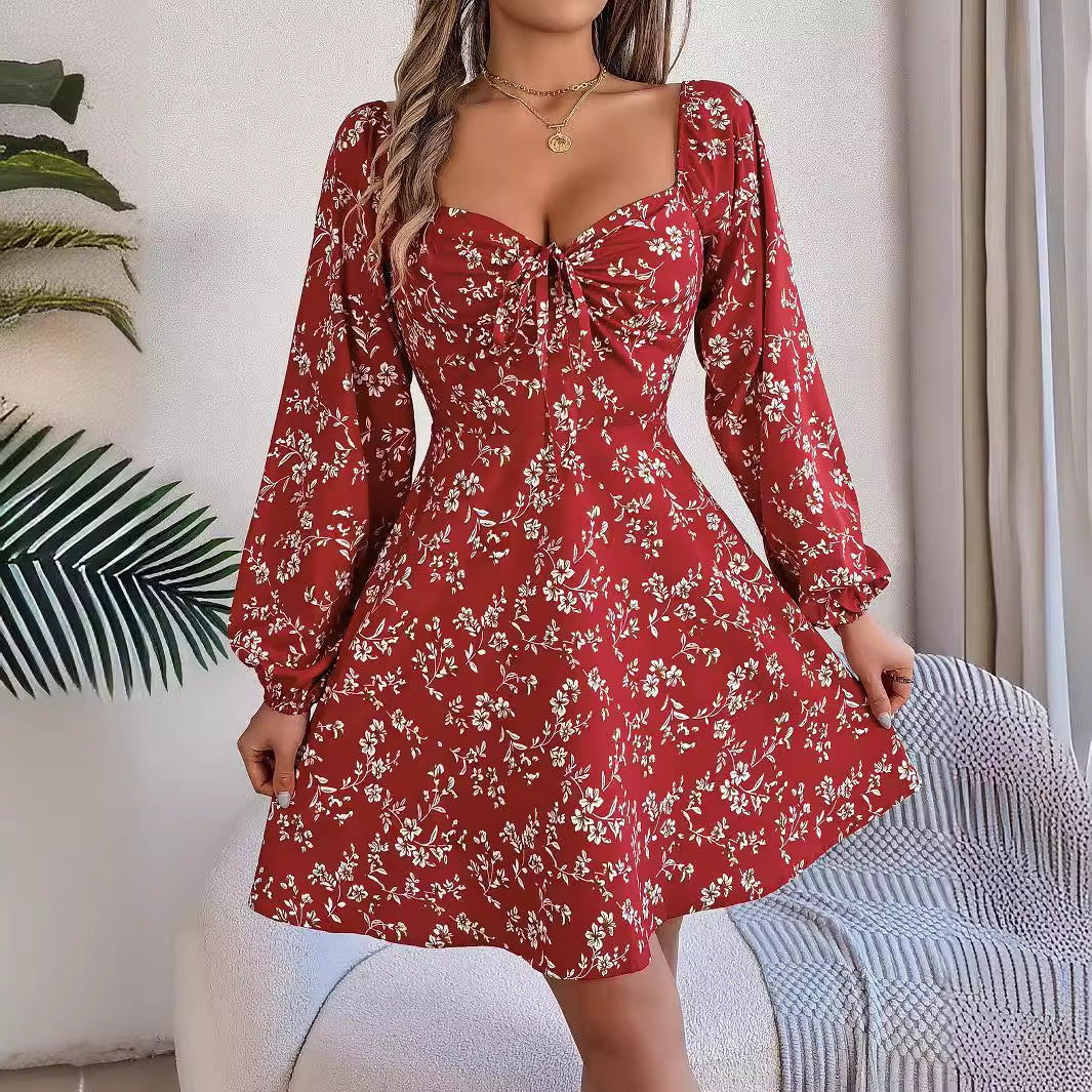 Newly Released at Buy Center: Fashion Floral Print Lantern Sleeve Dress Casual Sexy Tie Square Neck Long Sleeve A-Line Dress Women's Clothing Wine Red