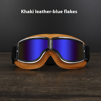 Hot New Items at Buy Center: Men's Retro Outdoor Goggles Khaki Leather Frame Blue Color