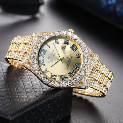 Just Arrived at Buy Center: Full Diamond Surface Roman Scale Steel Watch Gold Shell Golden Smooth