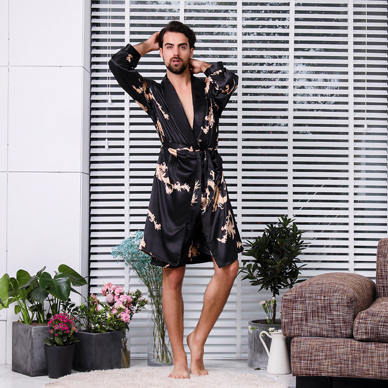 Men's simulation silk long sleeve nightgown Buy Center