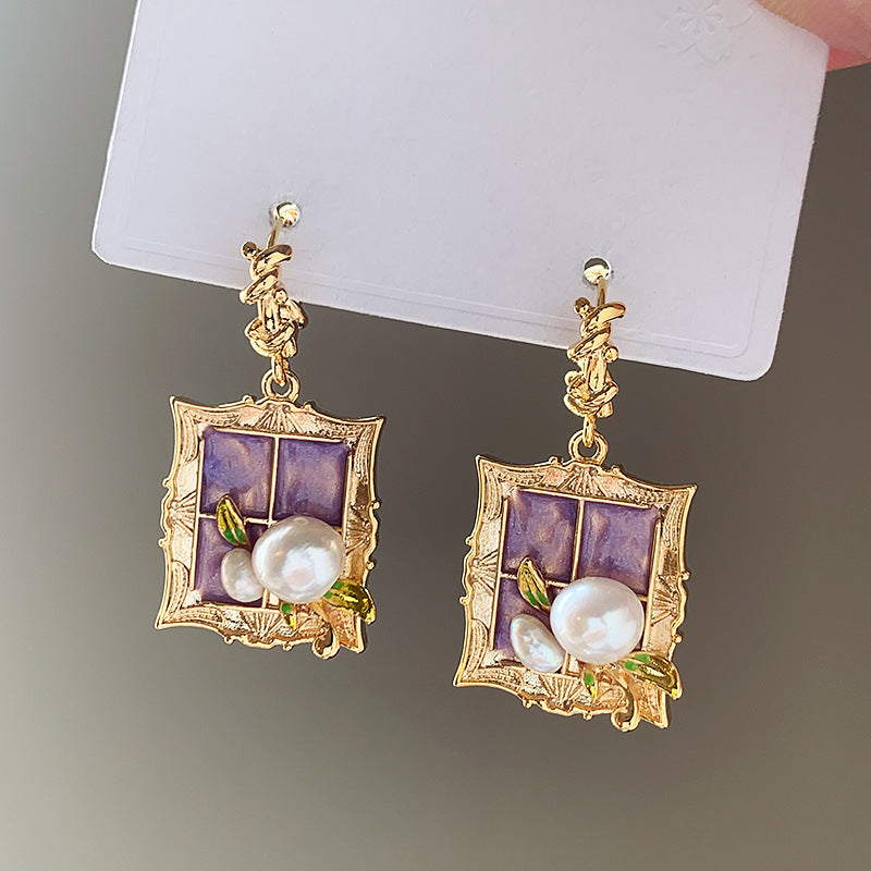 Buy Center Exclusive Offer-Silver Needle Oval Flower Drop Oil Pearl Earrings 5gold purple