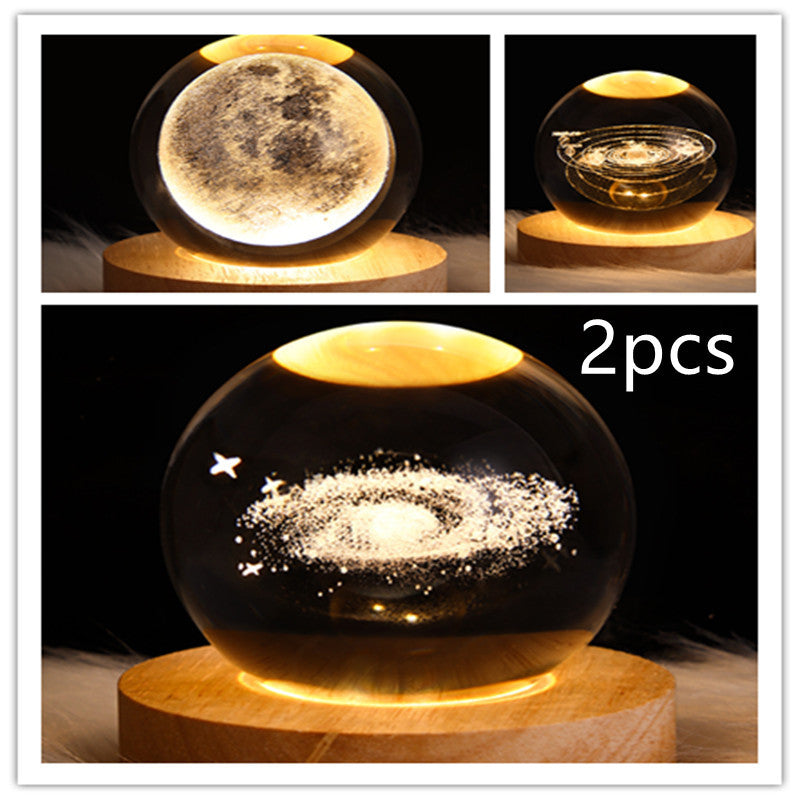 LED Night Light Galaxy Crystal Ball Table Lamp 3D Planet Moon Lamp Bedroom Home Decor For Kids Party Children Birthday Gifts Solid Wood Seat Set38 USB