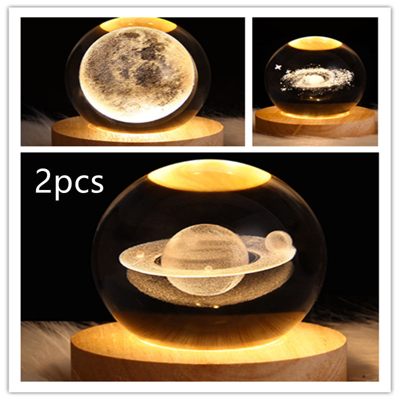 LED Night Light Galaxy Crystal Ball Table Lamp 3D Planet Moon Lamp Bedroom Home Decor For Kids Party Children Birthday Gifts Solid Wood Seat Set16 USB