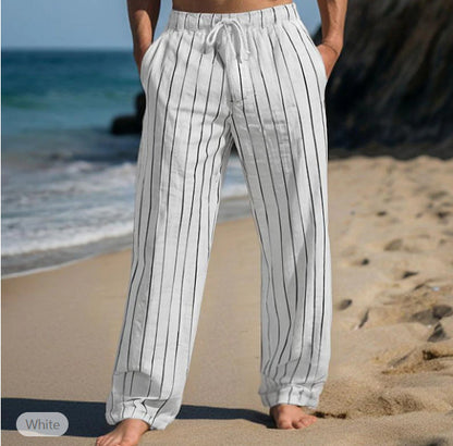 Just Arrived at Buy Center: Men's Linen Drawstring Elastic Waist Straight Striped Comfortable Breathable Casual Pants White