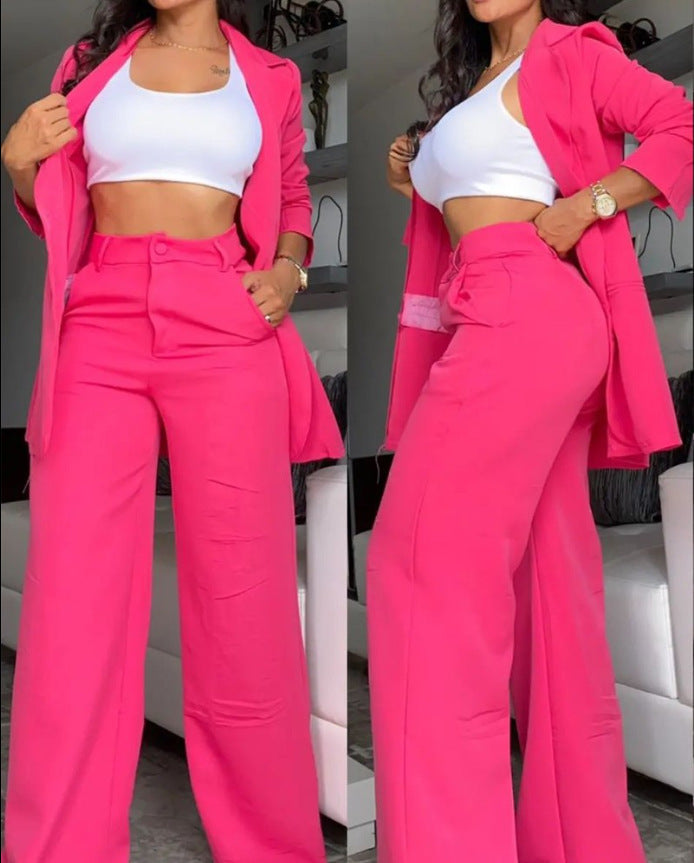 Buy Center Premium-Pure Color Split Sleeve Lapel Suit Straight-leg Pants Suit Women Rose Red