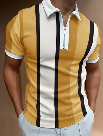 Fresh Arrivals at Buy Center: Men's Striped Short-sleeved Polo Shirt Slim Lapel Yellow