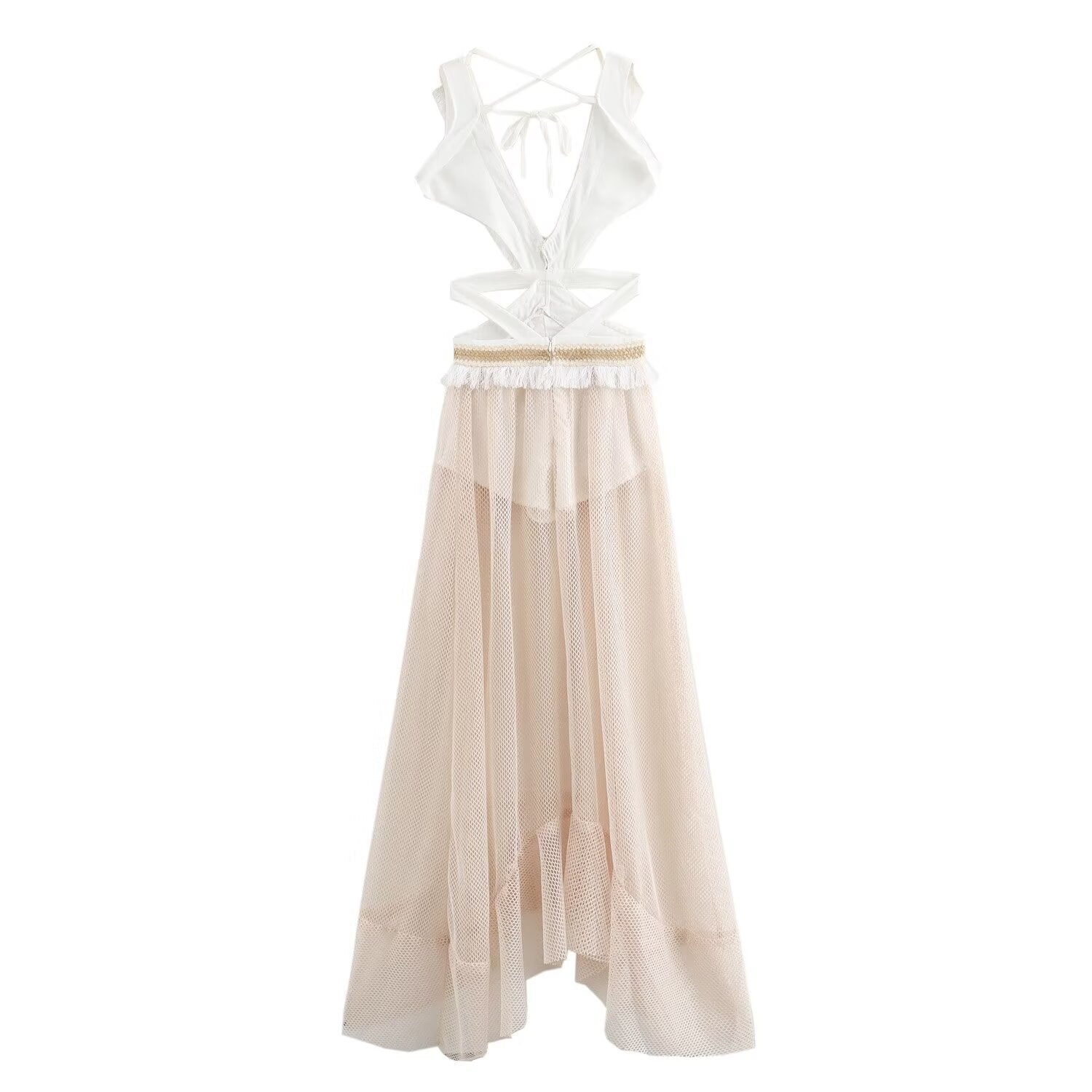 Buy Center Handpicked- Hollow Out Tied Tassel Stitching Mesh Sleeveless Dress White