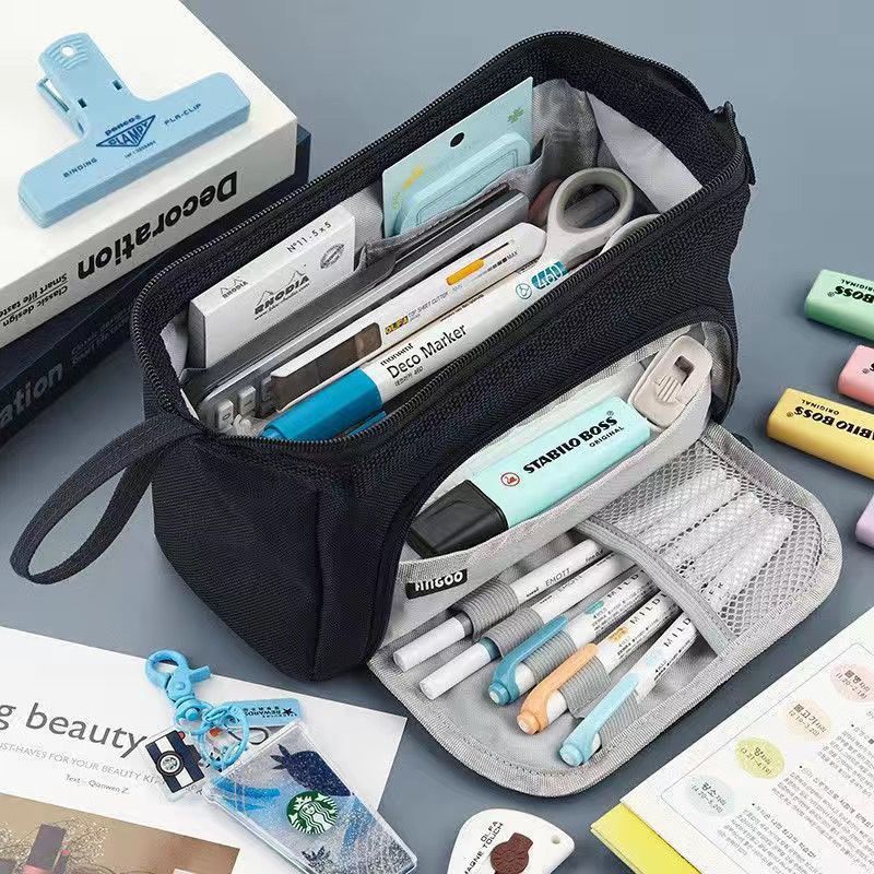 Fashion Double Canvas Multifunctional Pencil Case Black