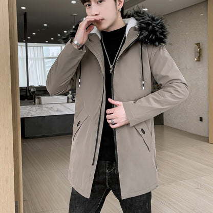 Fleece-lined Hooded Thickened Winter Mid-length Jacket Trench Youth Cotton-padded Men's Coat | Men's Clothing-Outerwear & Jackets-Parka | Buy Center