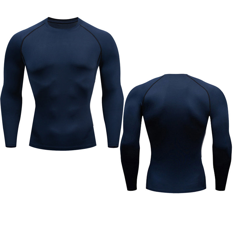 New at Buy Center: Men's Fitness Short Sleeve Sports Running Tight Round Neck T-shirt Navy blue long sleeve