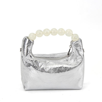 Just Arrived at Buy Center: First Layer Oil Wax Cowhide Dumpling Bag Beaded Handbag Silver