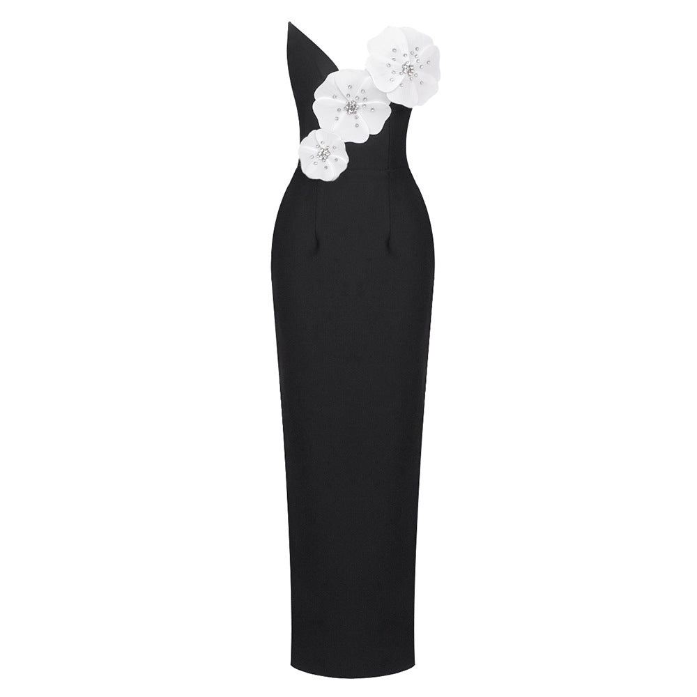 Black Backless Bandage Chest White Exquisite Flower Decorative Dress For Women Dress Buy Center