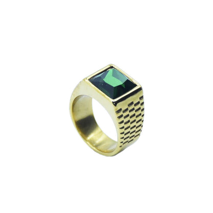 Newly Arrived at Buy Center: Ornament Titanium Steel Multi-color Stone Personality Square Ring Golden Green Stone Beauty