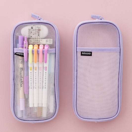 Trending Now at Buy Center: Mesh Pen Case Transparent Solid Color Stationery Storage Bag Purple and white