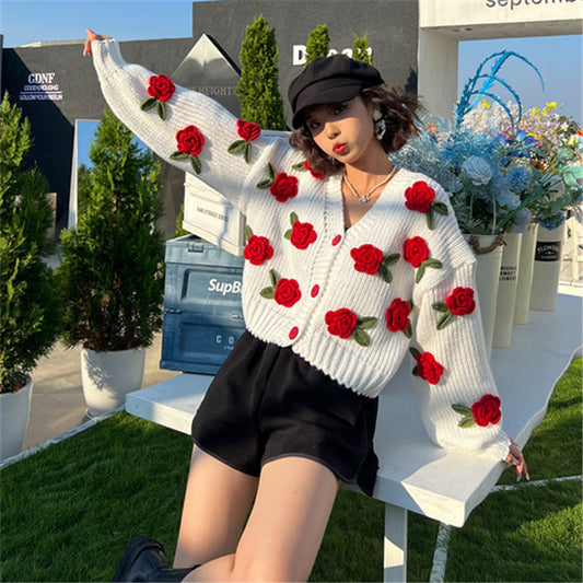 Buy Center Picks-New Knitting Needle Sweater Thick Knitted Cardigan Three-dimensional Rose Flower Sweet Coat For Women