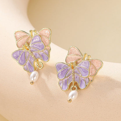 Buy Center Ultimate-French Butterfly Oil Drop Pink Fashionable Retro Hong Kong Style Earrings For Women, Gentle And Super Fairy Pearl Personality Earrings