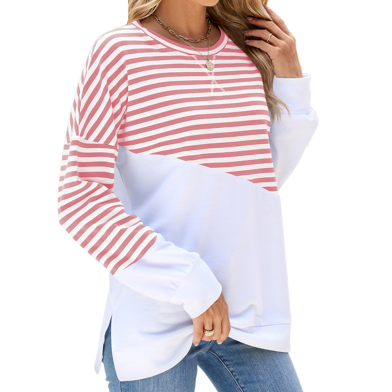 Newly Released at Buy Center: Striped Printed Long Sleeve T Shirt Fashion Casual Round Neck Pullover Split Design Women's Clothing Pink White