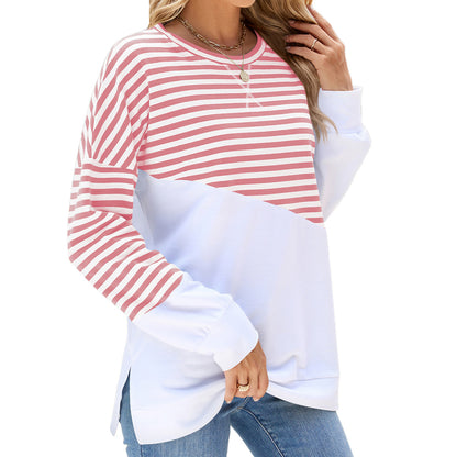 Newly Released at Buy Center: Striped Printed Long Sleeve T Shirt Fashion Casual Round Neck Pullover Split Design Women's Clothing Pink White