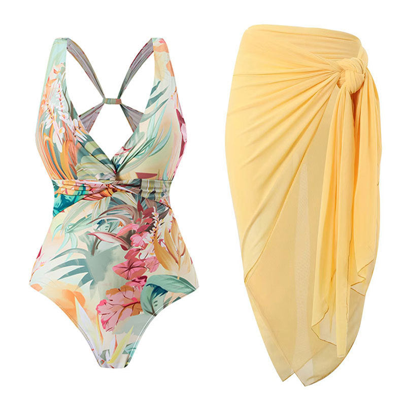 Buy Center Hot Pick-One-piece Swimsuit Sexy Slimming Backless European And American Printed Swimsuit Yellow Flower Suit