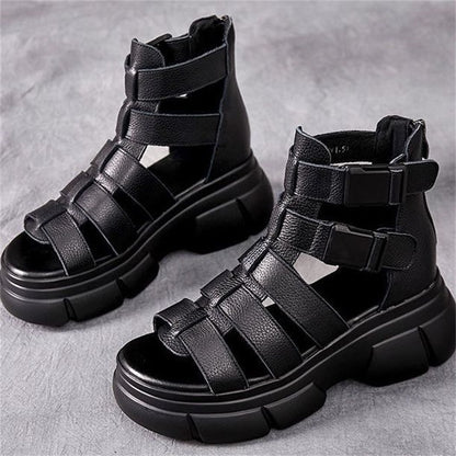 New Female Leather Hollow-out Platform Retro Stylish Women's Sandals Black